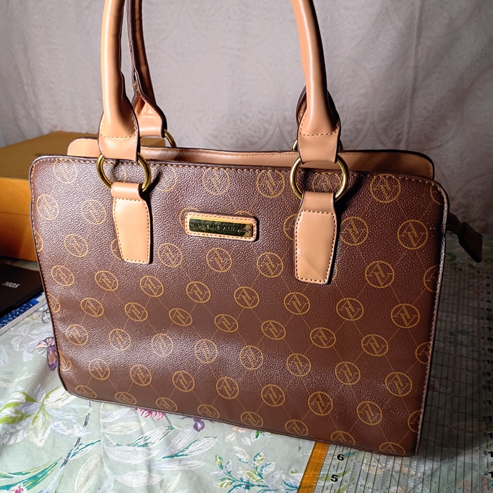 Adrienne Vittadini Brown Monogram Satchel with Tan Handles and Gold Hardware